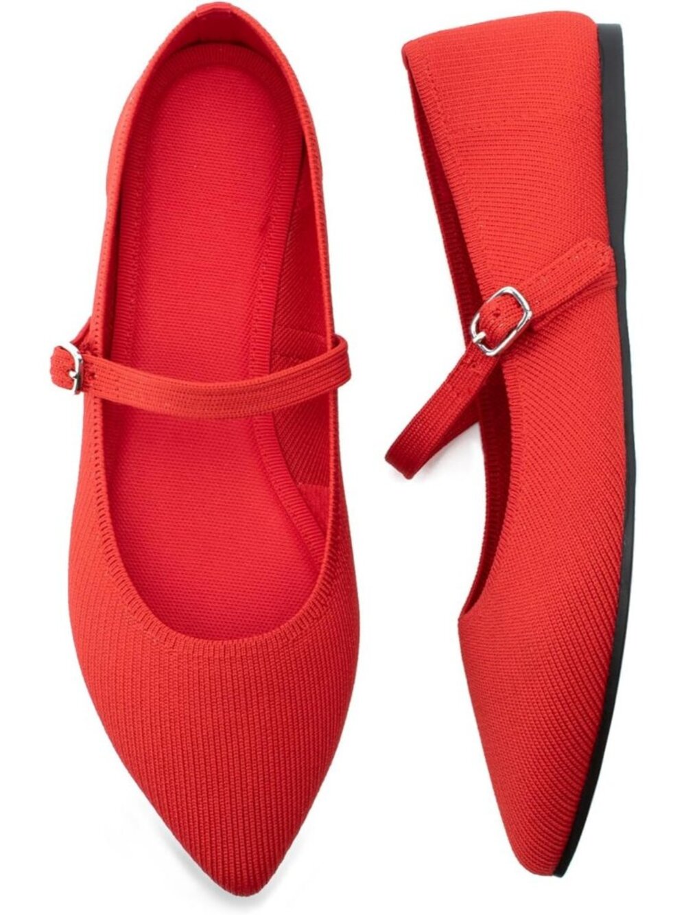Women's Red Knit Pointed Toe Ballet Flat Adjustable Strap Buckle Casual Shoes
